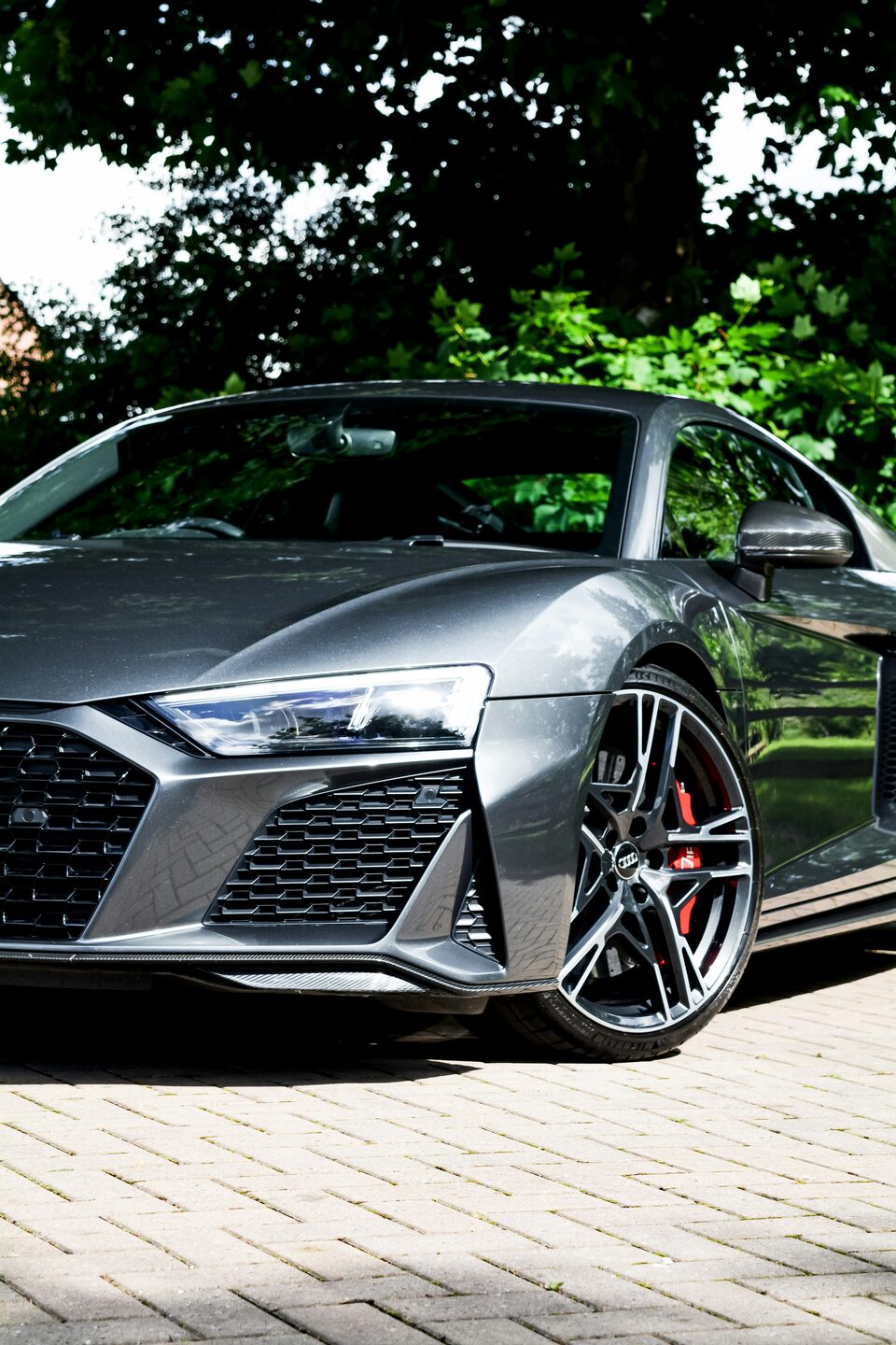 A grey Audi sports car beneath a tree