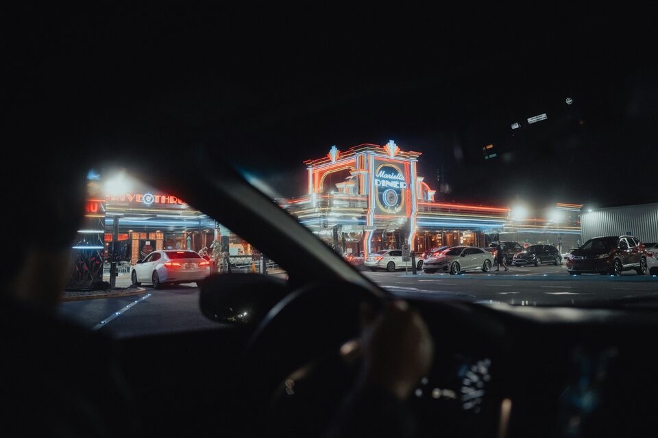 A car on a city street at night