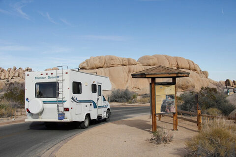 A Class C motorhome in the desert