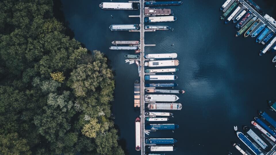 A marina seen from above beside a forest