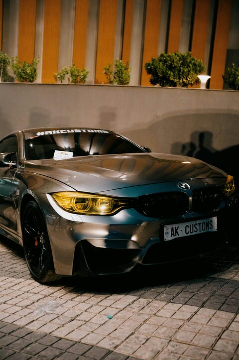 A gray BMW sports coupe up close