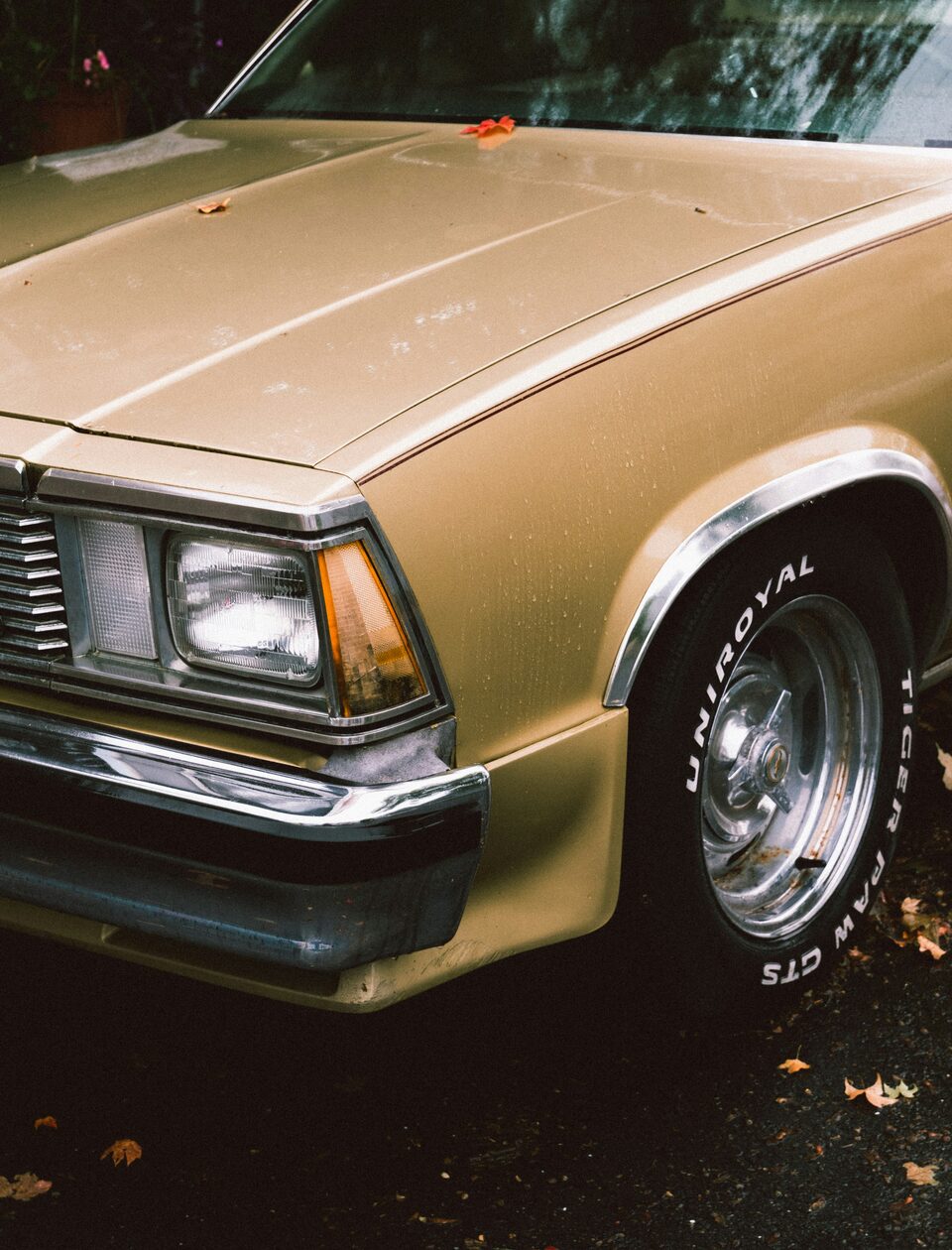 The headlight and wheel of a gold classic Chevrolet