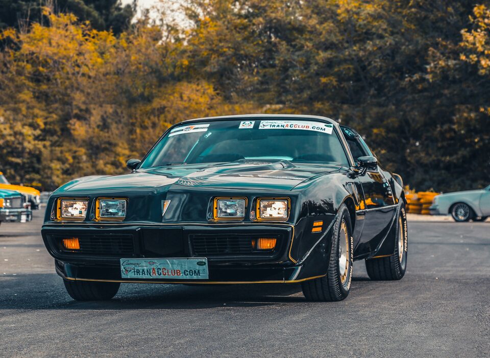 A black Pontiac Trans Am under autumn trees