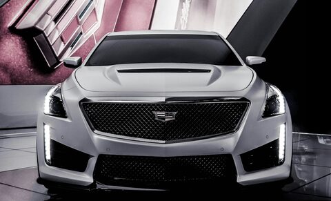 The front of a silver Cadillac sports sedan