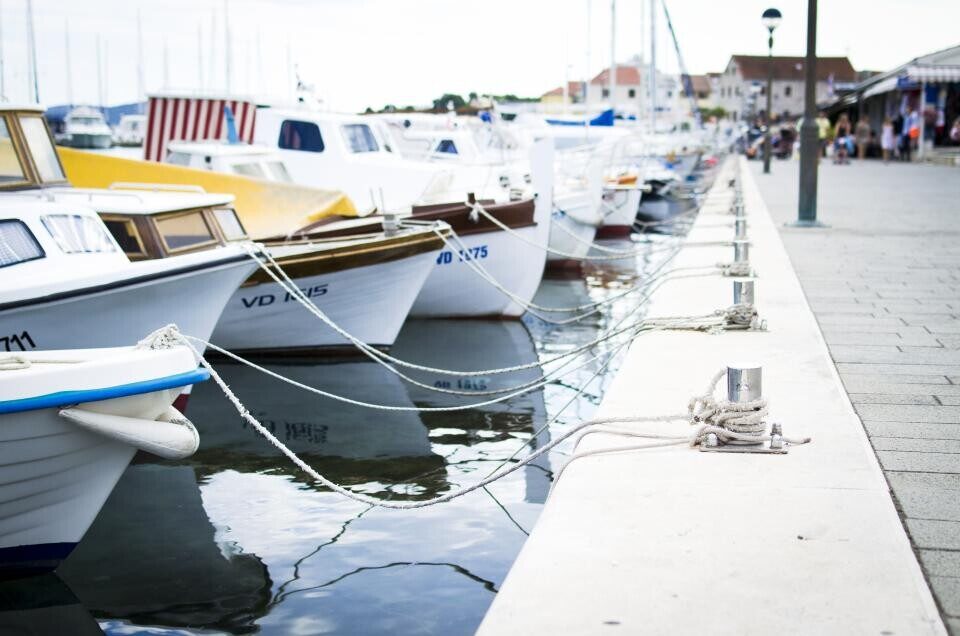 Motorboats lined up along a floating dock