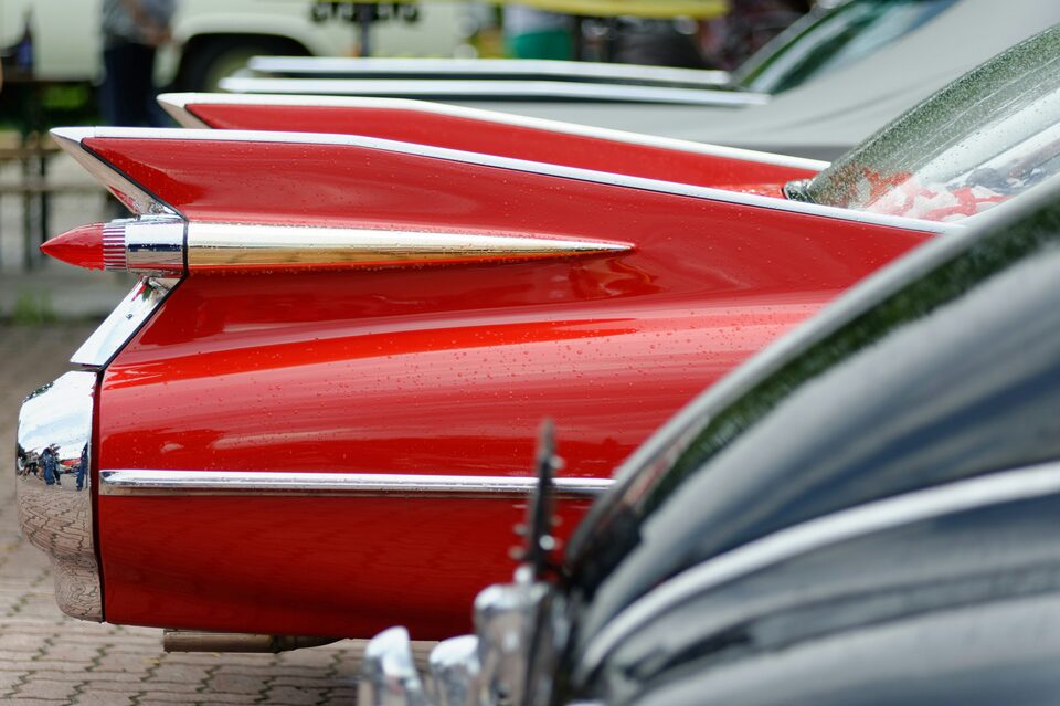 The red tail fins of a classic Cadillac