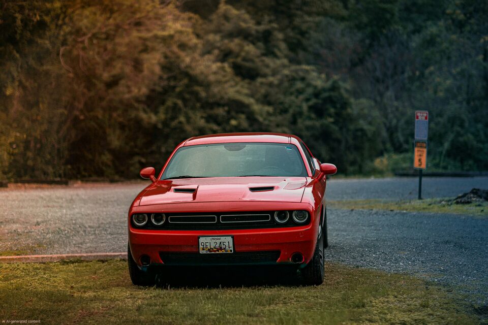 A red Dodge Challenger in a wooded clearing