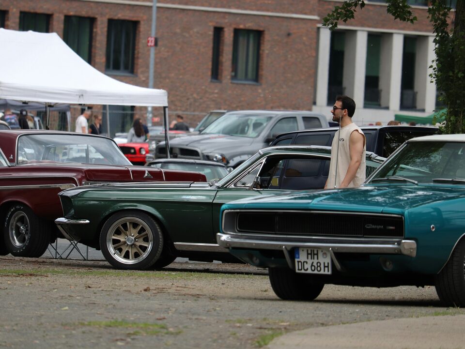 Classic muscle cars lined up at a street car show